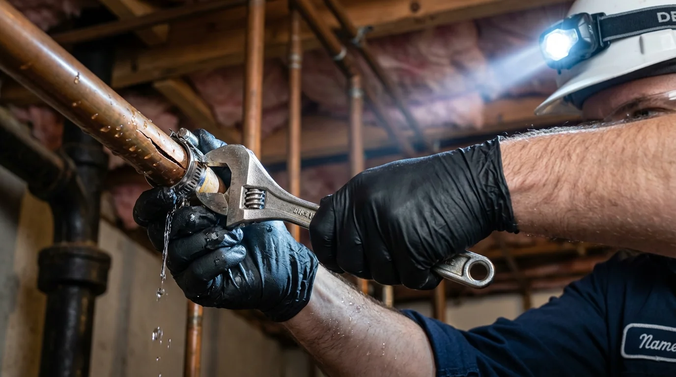 Emergency pipe clamp repair being performed by a Johns Plumbing LLC plumber in Fort Bliss