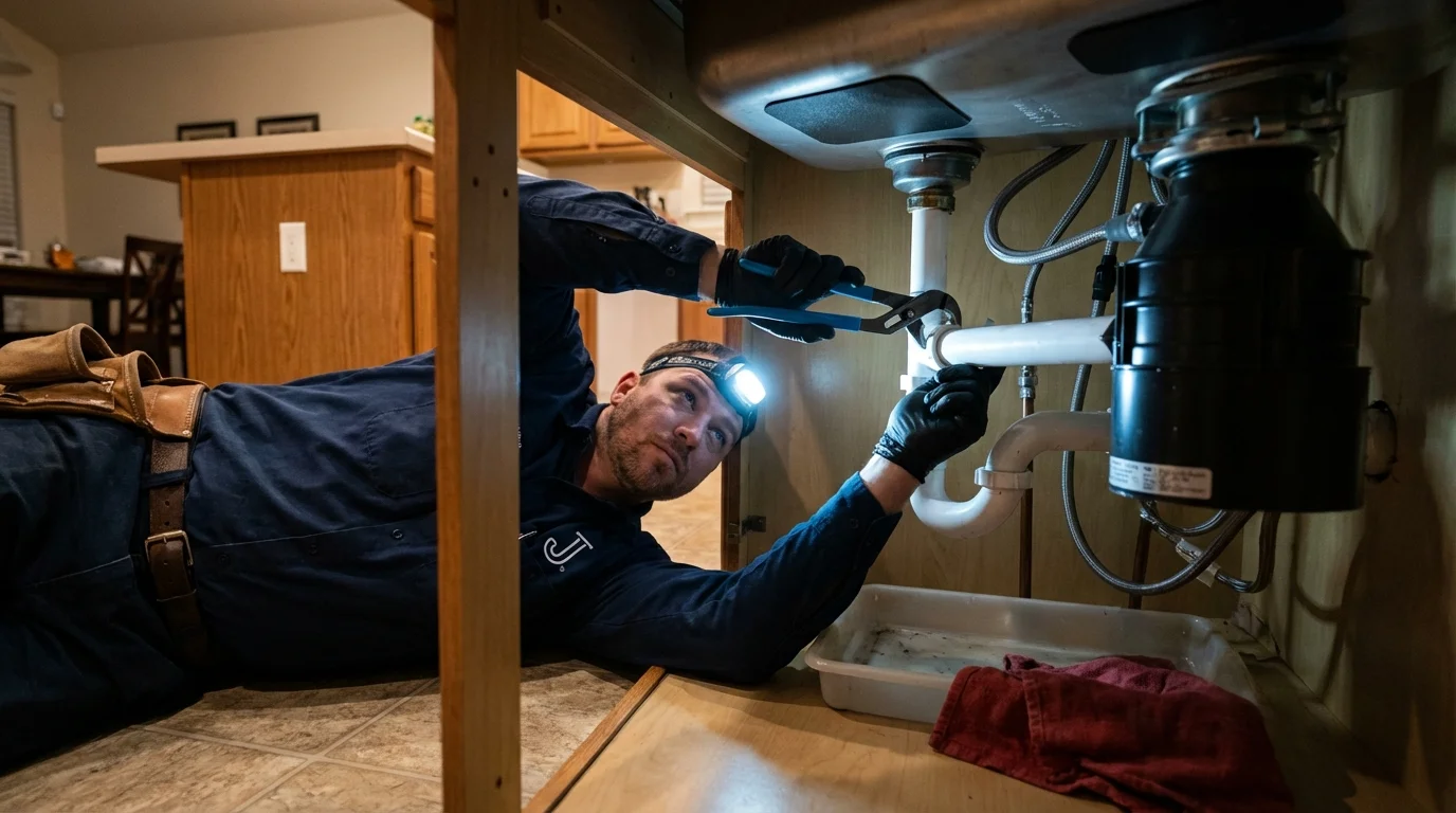 P-trap and supply line connections under a kitchen sink showing a common leak point in Fort Bliss, TX